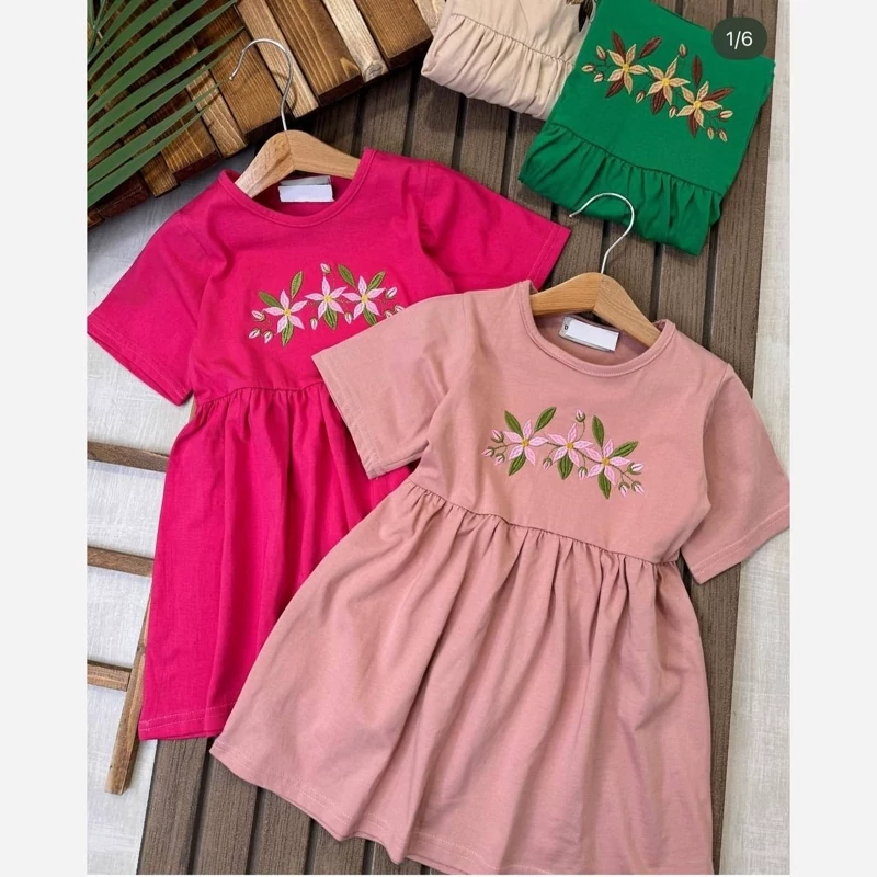 پیراهن دخترانه آستین کوتاه گلدوزی شده